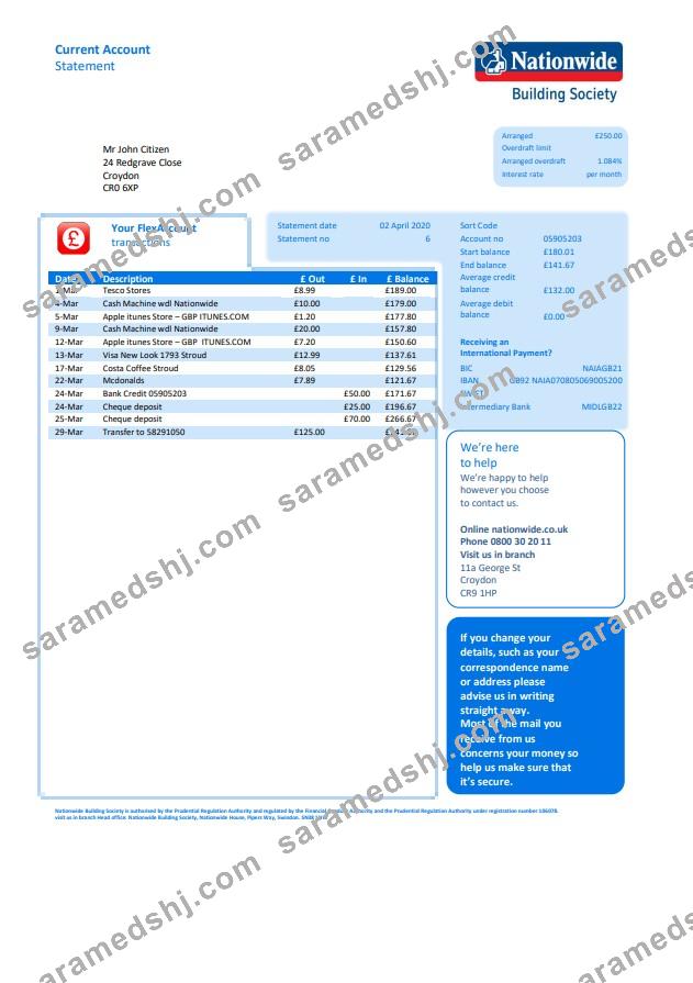 United Kingdom Nationwide bank statement template in Word and PDF file format